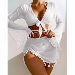 Naiste Fringe ujumistrikoo Seksikas 4-osaline komplekt Halter Seelik Beach Party Bikiinikomplekt + laienevate varrukatega &uuml;laosa + seelik Cover Up ujumistrikoo M valge
