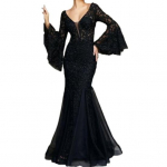 Naiste &otilde;htukleit V kaelusega l&auml;bipaistva pitsitikandiga, laieneva varrukaga A-line ballileit L must