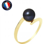 PERLINEA - Bague V&eacute;ritable Perle de Culture d'Eau Douce Ronde 7-8 mm - Colori Black Tahiti - Or Jaune - Bijou Femme