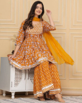 Naiste Peokleidid Puuvill Viskoos Kurta Sharara Dupatta Komplekt India Disainer &Uuml;lemine Tuunika Kurti 2XL sinepikollane