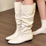 Terava ninaga naiste k&otilde;rged saapad nahast p&otilde;lvini ulatuvad madala tallaga disainersaapad trendikas talvine klassika gladiaator mootorrattasaapad naistele 40 valkjas v&auml;rv