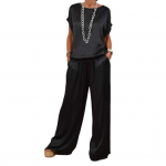 2 tk/komplekt Naiste &uuml;laosa p&uuml;kste komplekt satiinist &uuml;mmarguse kaelusega poolvarrukatega pluus Laia s&auml;&auml;rega elastsed v&ouml;&ouml;kohaga p&uuml;ksid taskutega. Igap&auml;evane vaba aeg avar riietus L must