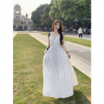 Prantsuse stiilis valge haldjakleit libisemiskleit Mere&auml;&auml;rne p&uuml;hadekleit Naiste saleda v&auml;limusega suvekleit Elegantne pikk kleit S valge