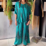 Naiste pikkade varrukatega lillemustriga puhkuse l&otilde;dva l&otilde;ikega &uuml;likonnakomplekt 3XL sinine