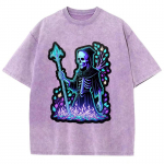 Lilla leegiga koljuprindiga naiste T-s&auml;rk, pestud denimkangas, super &uuml;li&otilde;pilane, keskmise pikkusega varrukad, naljakas retro kulutatud topp 3XL