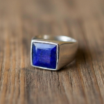 Ruudukujuline Lapis Lazuli H&otilde;bes&otilde;rmus, 925 Prooviga Tahke Sterling H&otilde;bedast S&otilde;rmus, Lapis Signets&otilde;rmus, T&otilde;otuses&otilde;rmus Meestele Naistele 4 vask