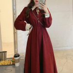 Haldjas vintage kleit naiste s&uuml;gisene pikkade varrukatega retro stiilis prantsuse elegantne kleit Naiste vabaaja kleit Korea 2023. aasta talv S burgundiapunane