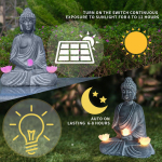 Buddha aiamajake p&auml;ikesevalgustusega, stiilne vaikskulptuur aeda, ideaalne kui Sitting Dark Gray
