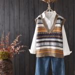 Naiste tikitud kootud vest naiste V-kaelusega Jacquard Art Retro vaba vabaaja s&auml;rk s&uuml;gistalvine varrukateta pullover XL khaki