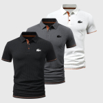 Golf 3-osaline komplekt Polo s&auml;rk, 3 n&ouml;&ouml;biga krae v&auml;rviliste triipudega kootud varrukaotsad, niiskust imav, piiramatu liikumine v&auml;listingimustes sportimiseks L must/hall v&auml;rv