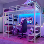 K&otilde;rgvoodi, 90 x 200cm, Rauast raam, Lauaga, Piirdega, Redeliga, Riiulitega, USB+Type-C pistikupesaga, LED-riba ja pegboardiga, ilma madratsita, Valge 204 x 95 x 180 cm valge