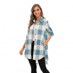 Naiste ruuduline s&auml;rk pikkade &uuml;lesrullitavate varrukatega, taskutega, n&ouml;&ouml;bitav, alla keeratava kraega, lahtine, vabaaja X-Large sinine