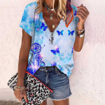 Naiste suvine uus mood roosilillega lendav liblikas tr&uuml;kitud vabaaja t&otilde;mblukuga V-kaelus l&uuml;hikeste varrukatega topp XS helesinine v&auml;rv