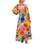 Naiste maksikleit v&auml;rviline pikkade varrukatega &otilde;&otilde;nsate varrukatega kitsas v&ouml;&ouml;koht, pits-laternaga varrukas, joon avar &auml;&auml;ris, k&otilde;rge v&ouml;&ouml;koht, s&uuml;gis, kevadpuhkus, balli&otilde;htu kleit M mitmev&auml;rviline