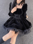 2022. aasta kevadine must samet Y2k minikleit, naine gooti stiilis Kawaii Lolita kleit, pikkade varrukatega korea moekleit, pitsiline disain, &otilde;huke L must