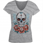 Sugar Skull and Roses Day Of The Dead Skull Art juunioride V-kaelusega Unisex T-s&auml;rk S