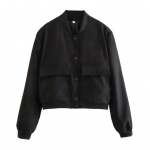 Varrukad Seisukrae &uuml;hev&auml;rviline n&ouml;&ouml;p Sulgemine &Otilde;lg suur tasku L&uuml;hike naiste Naiste Bomber k&auml;rbitud mantel L must