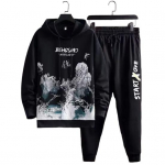 2tk/komplekt Meeste maastikuprintiga dressikomplekt Kapuutsiga Pingutusn&ouml;&ouml;riga pikkade varrukatega dressipluus Elastne v&ouml;&ouml;taskud Jogger p&uuml;kste komplekt M valge