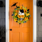 Sunflower Wreath Halloween Decor Face wearing Hat Haunted House Porch Spooky Wall Hanging