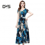 Suvine naiste kleit Lilletr&uuml;kiga A-line suur &auml;&auml;ris, k&otilde;rge v&ouml;&ouml;koht, l&uuml;hikeste varrukatega, &uuml;mara kaelusega, plisseeritud s&auml;&auml;re keskel 2XL sinine