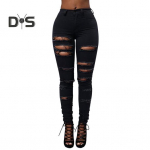 Naiste teksad, rebitud augud, k&otilde;rge kitsas v&ouml;&ouml;koht, &uuml;hev&auml;rviline, &otilde;huke istuvus, pehme veniv pendeldamine vabaaja pahkluu pikkusega naiste pikad p&uuml;ksid XL must