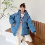 Naiste l&uuml;hike jakk Talvine paks kapuutsiga puuvillane polsterdatud mantlid Naistele korea lahtised puffparkid Naiste &uuml;lisuured &uuml;ler&otilde;ivad L sinine