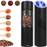 2 komplekti gravitatsiooniga elektrilise soola- ja pipraveski komplekt, reguleeritav j&auml;medus, LED-valgus, &uuml;he k&auml;ega juhtimine must