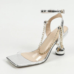 Moodne Moodne Metallkett Disaineri K&otilde;rged Kontsad Naiste Kingad 2025 Uus H&otilde;bedane Ruudukujuline Varvas PVC L&auml;bipaistvad Sandaalid Naistele Suvine Sandalias 43 h&otilde;be