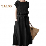 Naiste boho puuvillase lina maksikleit suvine l&uuml;hikeste varrukatega &uuml;mara kaelusega pikk kleit v&ouml;&ouml; ja taskutega vabaaja rannakleit M must