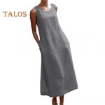 Varrukateta maksikleit naistele, lahtine &uuml;mara kaelusega maika-kleit taskutega, rannapuhkuse pikk suvekleit, suvine vaba aja r&otilde;ivastus M hall