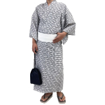 Kimono Yukata Komplekt Ruuduline Saaya Tumesinine [Kyoto Yuzen] Meeste 2, Puuvillane, &Uuml;he puutega Obi, Meeste Kimono, Kosk, Kuju, Valge, (Valge, L) valge