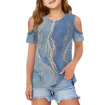 Summer kids fashion off-the-shoulder T-shirt with a floral print collar 140