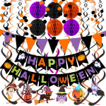 2 komplekti &Otilde;nneliku Halloweeni B&auml;nner Paberist Kolmnurkse Lipu P&auml;rg Ringikujuline Konfeti Rippuv Vanik K&auml;rgstruktuuri Palli Spiraalsed Ribad Halloweeni Peo Kaunistused 2sets black