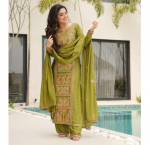 Naiste disaineri traditsiooniline Kurta Pant Dupatta komplekt India Bollywood pehme krepp Salwar &uuml;likond Kurti M roheline
