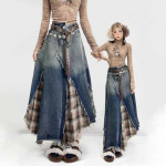 Y2k Retro T&auml;navamood Ebaregulaarne Lapitehnika Ruuduline Denim Seelik Naistele Vana Pesuga &Uuml;lev&auml;rvitud V&ouml;&ouml;koht Maxi Pikk Teksase Seelik S sinine