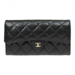 CHANEL 23P Klassikaline tepitud pikk stiil teralise reljeefiga vasikanahast metallist kaardihoidjaga rahakott naistele Must One Size-Basic Set (Bag+Dust Bag) must