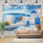 1 tk santorini kreeka rannikuk&uuml;la seinavaip valged hooned sinised kuplid egeuse mere vaade 150x100cm(60x40in) gray