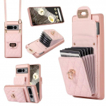 Crossbody kaelakee rihmapael, nahast kate Google Pixel 7 Pro 7A 6A rahakoti kaardihoidja metallist pandlaga telefonikott M&uuml;ndikott Pixel 6A roosa