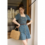 Mishow naiste teksakleit, 2023. aasta suvine uus mood, vintage ruudukujuline krae, puhvis varrukas, vaba A-line MXC35L1444 S