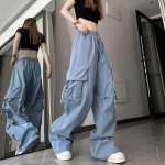 Hip Hop Y2K Cargo p&uuml;ksid Naiste t&auml;navariided Harajuku suured taskud vabaaja p&uuml;ksid Korea vabad k&otilde;rge v&ouml;&ouml;kohaga kujundusega soliidsed p&uuml;ksid XL sinine