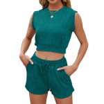 Naiste kaheosaline &uuml;hev&auml;rviline &uuml;mara kaelaga varrukateta laineline vabaaja moekomplekt S must