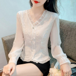 Prantsuse V-kaelusega prantsuse žakaars&auml;rk naiste &scaron;ifoonist pikkade varrukatega laienev varrukas kevadel ja s&uuml;gisel disainiga S valge