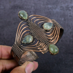 Natural Prehnite Gemstone Handmade Copper Wire Wrap Cuff Bangle Adjustable n6o66