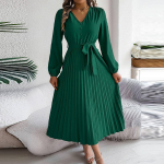 Naiste mood Retro &uuml;hev&auml;rviline elegantne V-kaelusega n&ouml;&ouml;plipsuga pikkade varrukatega v&ouml;&ouml;koha plisseeritud kleit L must