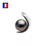 Compagnie G&eacute;n&eacute;rale des Perles - Pendentif Croissant V&eacute;ritable Perle de Tahiti Ronde 9-10 mm Or Blanc 18 Cts - Bijou Femme