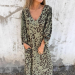 Naiste kleidid Kevad ja suvi Uus kleit Tr&uuml;kitud leopardimustriga kleit Naiste vabaaja V-kaelusega lahtised kleidid XXXL roheline