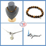 Pierres et Min&eacute;raux. Parure bijoux Bracelet Collier 15 Perles Oeil de Tigre 10 mm. Chaine Taille personnalisable.