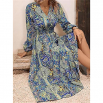 Naiste pikkade varrukatega V-kaelusega elastse v&ouml;&ouml;kohaga elegantne tr&uuml;kimustriga pikk kleit XXL sinine