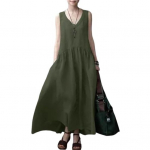 Naiste suvine puuvillane linane maksikleit vabaaja V-kaelusega varrukateta lendav kleit M armee roheline v&auml;rv