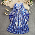Uus suvine Bohemian Blue and White Portselan Print Sifoonist p&uuml;hade rannakleit Naistele kaelaga, v&auml;lguga varrukatega suur kiik pikk maxi hommikumantel S sinine